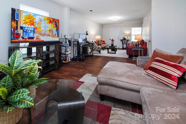 living room featuring dark hardwood / wood-style flooring and a healthy amount of sunlight