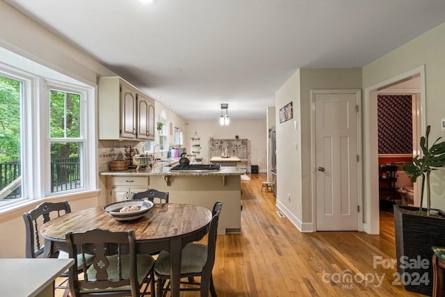 kitchen featuring sink, tasteful backsplash, light stone counters, pendant lighting, and light hardwood / wood-style floors