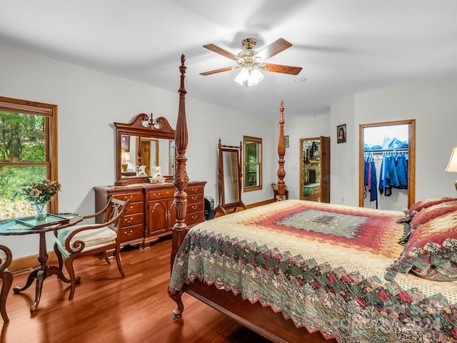 bedroom with a closet, ceiling fan, a spacious closet, and hardwood / wood-style floors