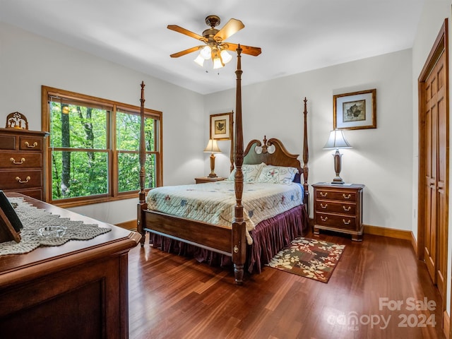 bedroom with a closet, ceiling fan, and dark hardwood / wood-style floors