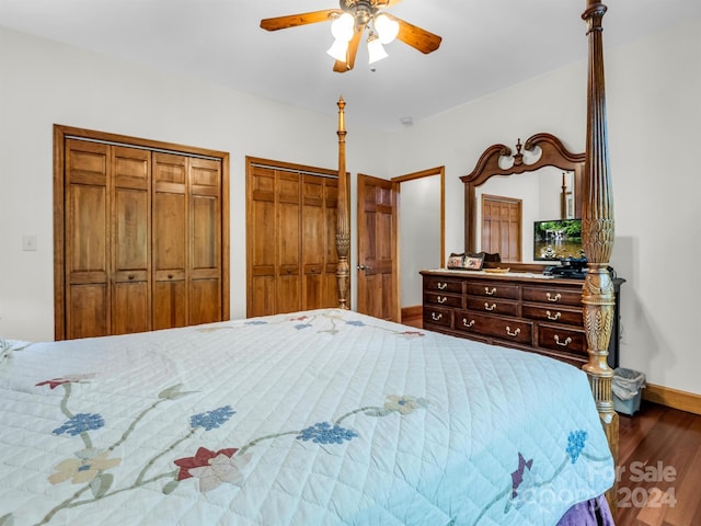 bedroom featuring ceiling fan, hardwood / wood-style flooring, and two closets