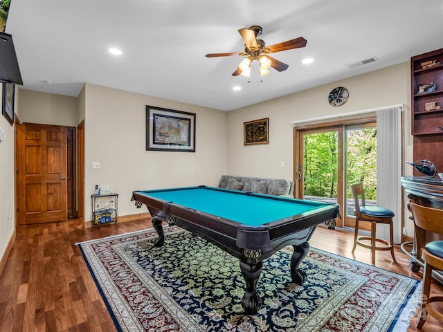 rec room with hardwood / wood-style floors, ceiling fan, and pool table