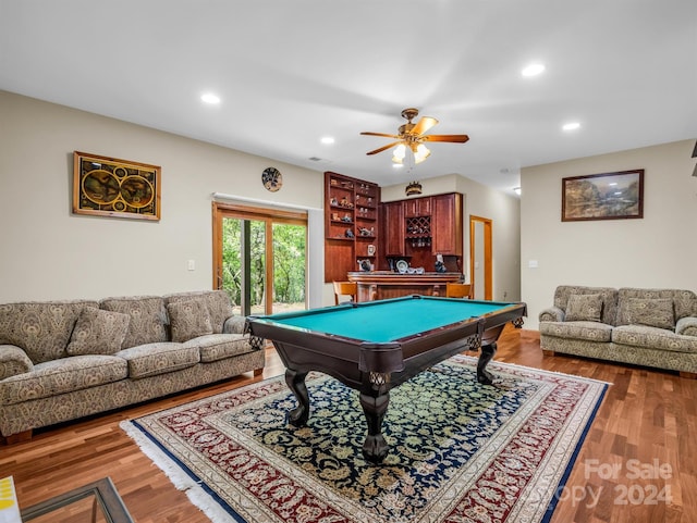 playroom with wood-type flooring, ceiling fan, and pool table