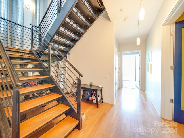 stairway with hardwood / wood-style floors