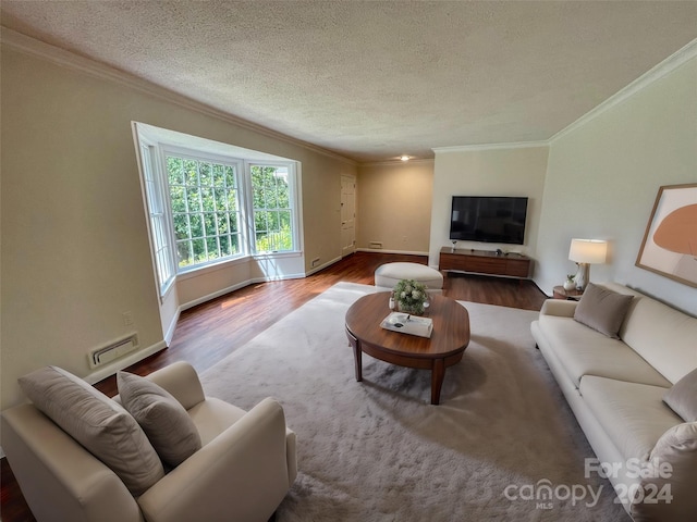 living room with hardwood / wood-style flooring, crown molding, and a textured ceiling