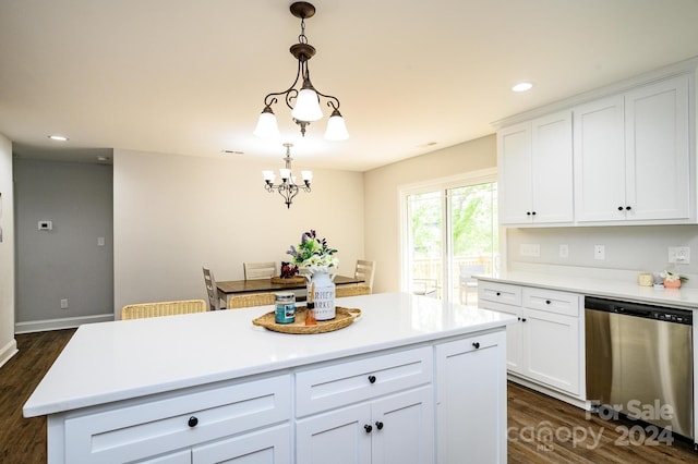 kitchen featuring decorative light fixtures, dark hardwood / wood-style flooring, a kitchen island, stainless steel dishwasher, and white cabinets