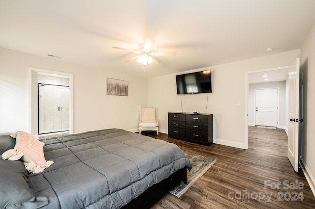 bedroom with dark wood-type flooring and ceiling fan