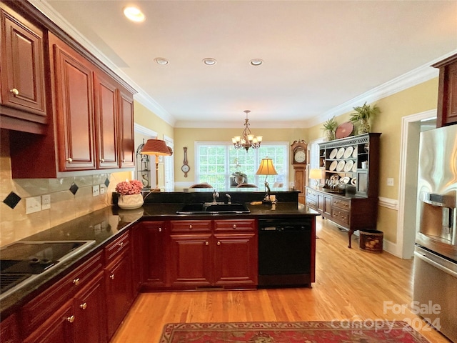 kitchen with stainless steel fridge with ice dispenser, light hardwood / wood-style flooring, dishwasher, tasteful backsplash, and sink