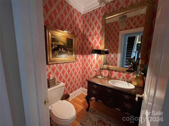 bathroom with wood-type flooring, vanity, toilet, and crown molding