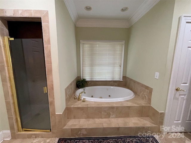 bathroom featuring independent shower and bath, crown molding, and tile floors