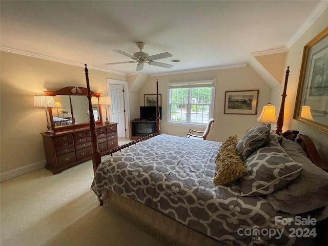 bedroom featuring ornamental molding, ceiling fan, and carpet floors