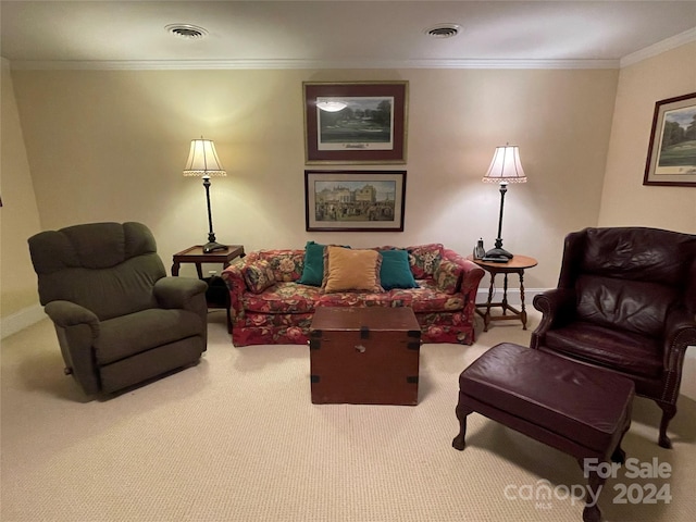 carpeted living room with ornamental molding