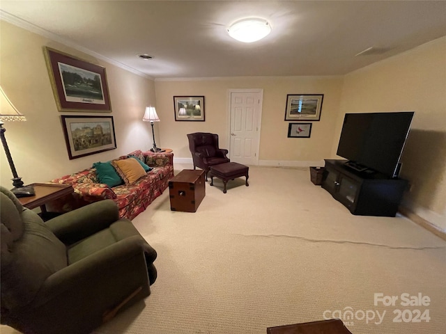 living room with carpet flooring and crown molding