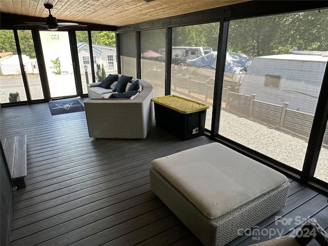 sunroom / solarium featuring ceiling fan, lofted ceiling, and wood ceiling