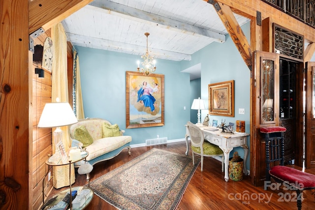 interior space featuring beamed ceiling, hardwood / wood-style floors, a notable chandelier, and wood ceiling