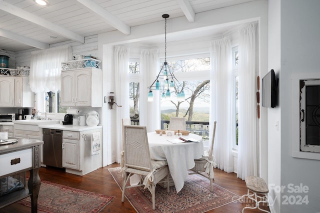 interior space featuring a healthy amount of sunlight, sink, dark hardwood / wood-style flooring, and beamed ceiling