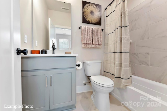 full bathroom featuring shower / bath combo with shower curtain, oversized vanity, toilet, and tile flooring