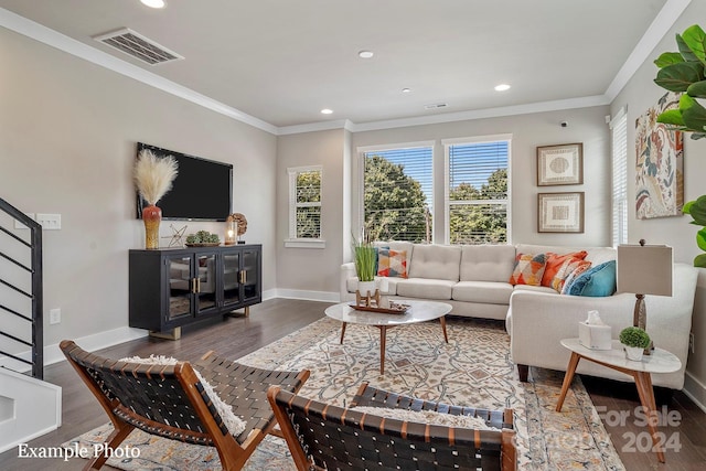 living room featuring ornamental molding and dark hardwood / wood-style flooring