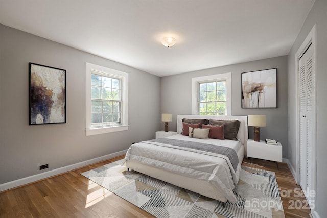 bedroom featuring multiple windows, wood finished floors, and baseboards