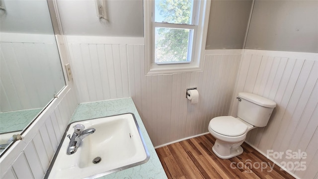 half bathroom featuring wood finished floors, toilet, a wainscoted wall, and a sink