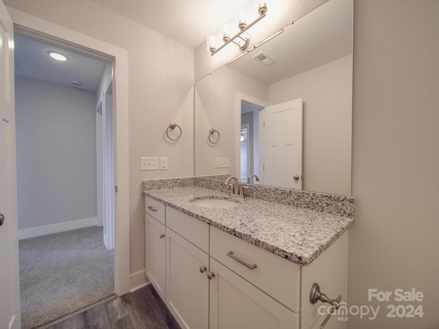 bathroom with hardwood / wood-style flooring and large vanity