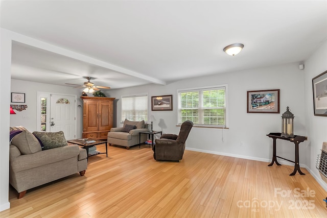 living room featuring light hardwood / wood-style flooring and beamed ceiling