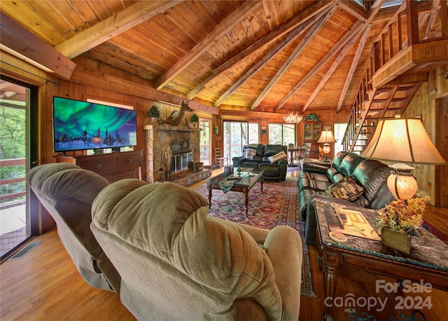 living room with light hardwood / wood-style flooring, lofted ceiling with beams, wood ceiling, and wooden walls