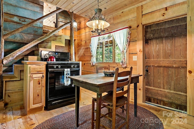 dining room featuring wooden walls, light wood-type flooring, and wooden ceiling