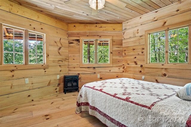 bedroom with wood walls, hardwood / wood-style floors, a wood stove, and wood ceiling