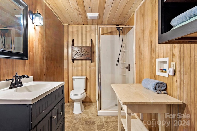 bathroom featuring a shower with door, wood walls, and toilet