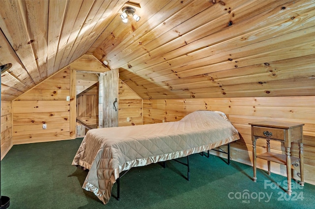 bedroom with carpet flooring, vaulted ceiling, wood walls, and wood ceiling