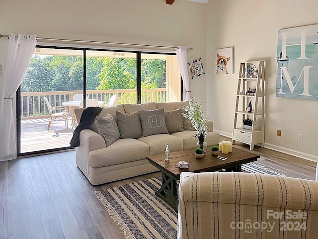 living room with wood-type flooring and plenty of natural light