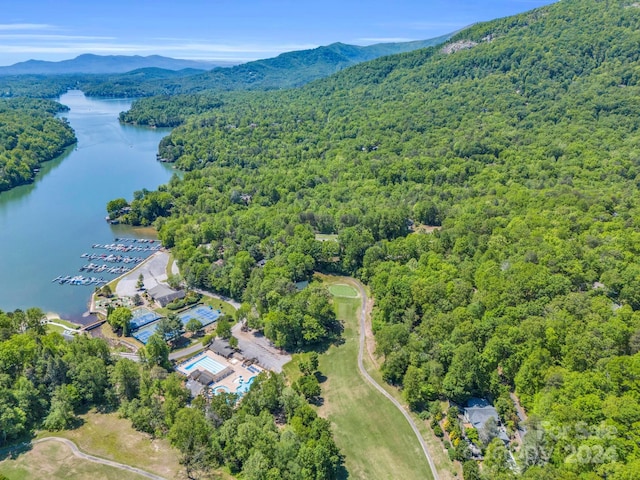 bird's eye view with a water and mountain view