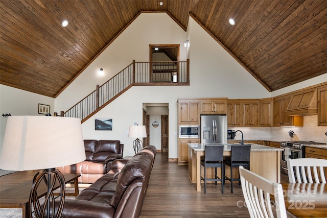 living room with high vaulted ceiling, dark wood-type flooring, and wooden ceiling