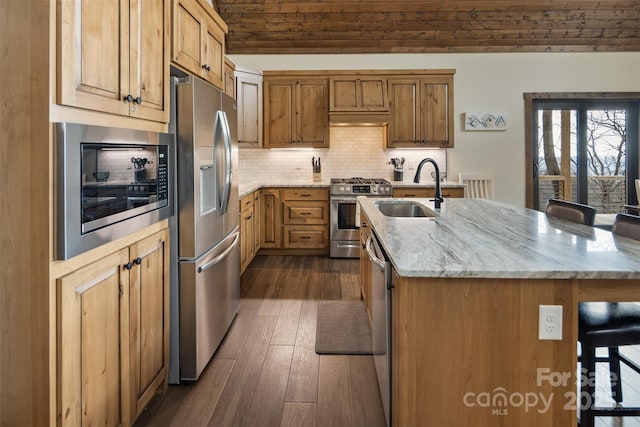 kitchen featuring stainless steel appliances, sink, a breakfast bar area, and a kitchen island with sink