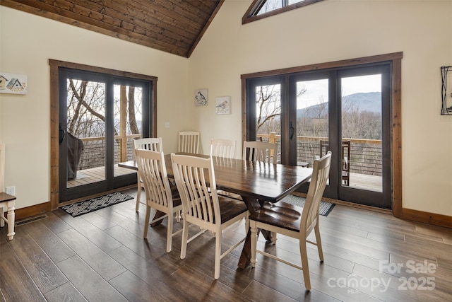 dining area featuring dark hardwood / wood-style flooring, a mountain view, and high vaulted ceiling