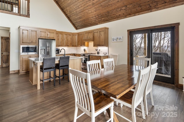 dining space featuring dark hardwood / wood-style flooring, sink, wood ceiling, and high vaulted ceiling