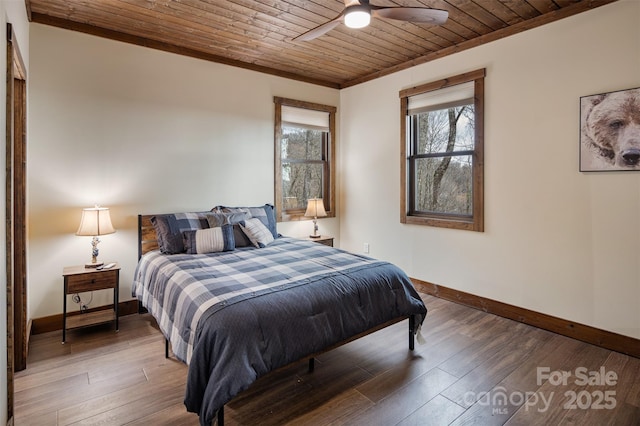 bedroom with ceiling fan, dark hardwood / wood-style floors, and wooden ceiling