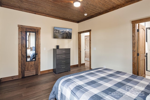 bedroom with dark hardwood / wood-style flooring, wooden ceiling, and ceiling fan