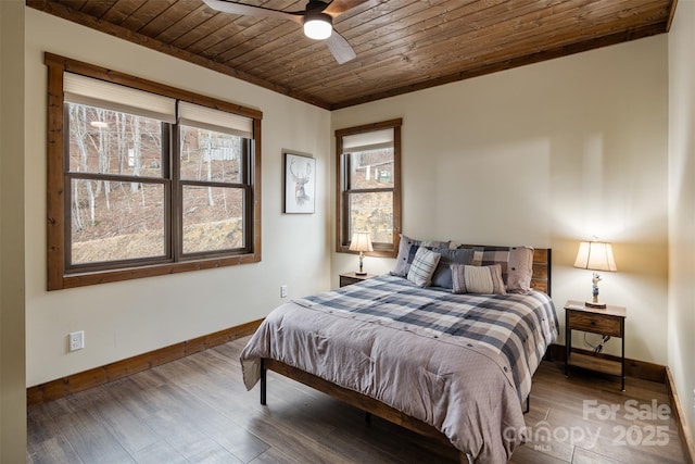 bedroom with wood-type flooring, wooden ceiling, and ceiling fan