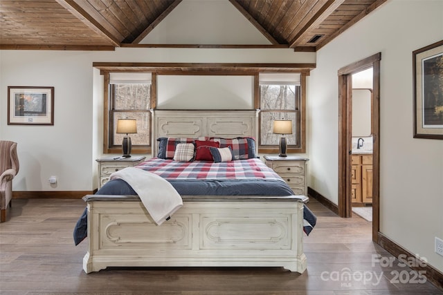 bedroom featuring vaulted ceiling, light wood-type flooring, and wooden ceiling