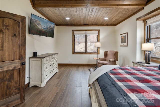 bedroom featuring dark hardwood / wood-style flooring, wood ceiling, and beamed ceiling