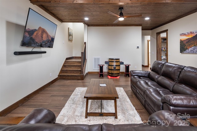 living room with ceiling fan, dark wood-type flooring, and wood ceiling