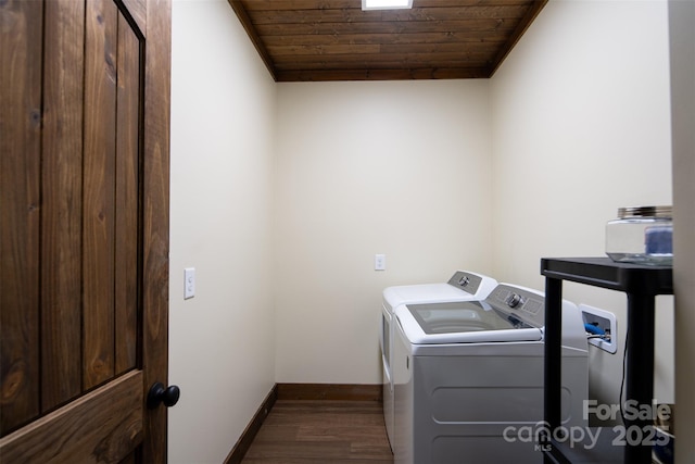 laundry area with separate washer and dryer, dark hardwood / wood-style floors, and wood ceiling