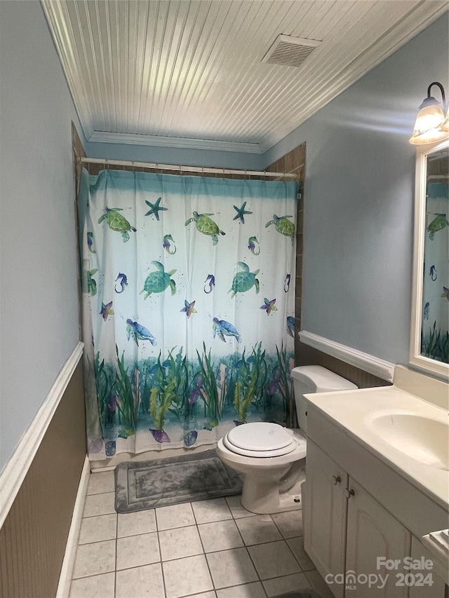 bathroom with toilet, crown molding, wooden ceiling, tile flooring, and vanity