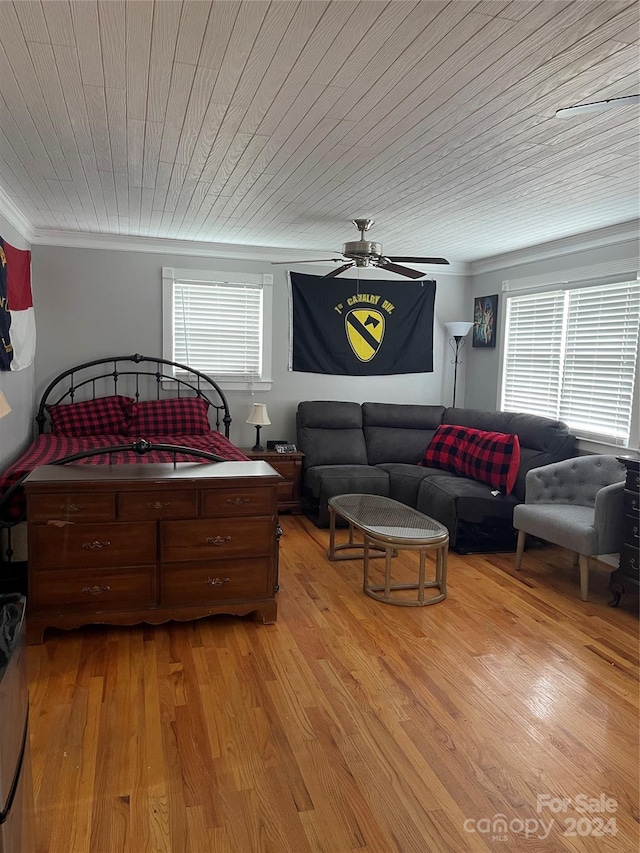 bedroom featuring wood ceiling, light wood-type flooring, and ceiling fan