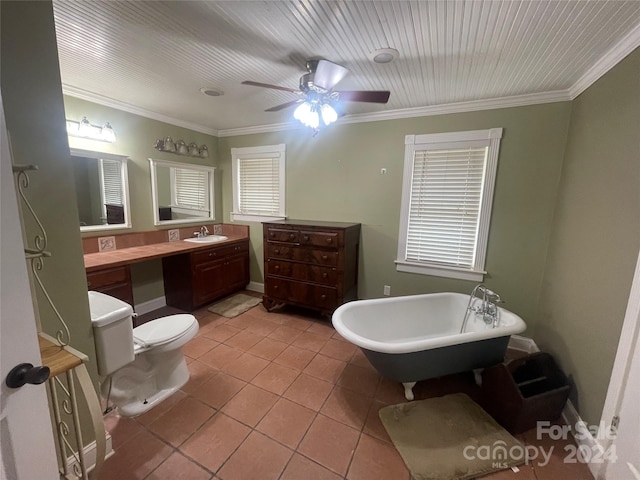 bathroom featuring tile flooring, ornamental molding, ceiling fan, vanity, and toilet