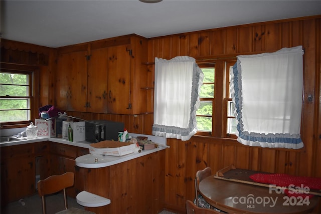 kitchen featuring a wealth of natural light, kitchen peninsula, and wood walls