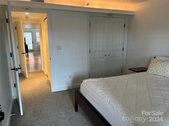 carpeted bedroom with ornamental molding and a closet