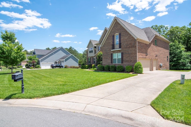 front facade with a front lawn and a garage